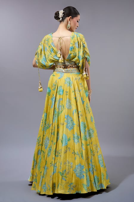 Gopi Vaid Floral Printed Yellow Lehenga Set 