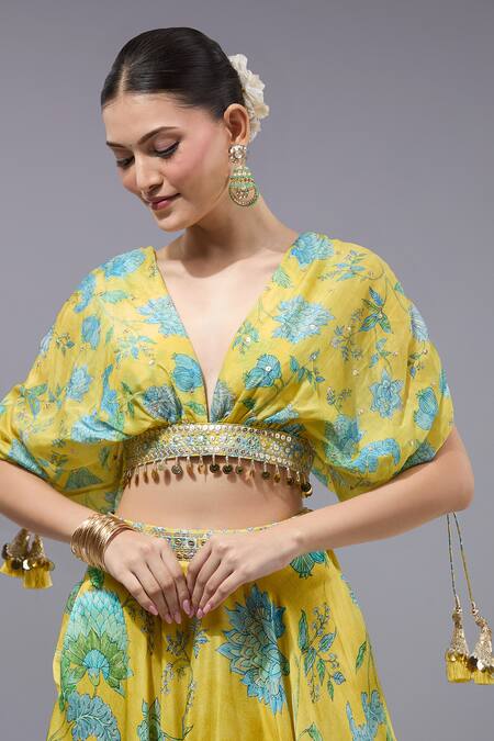 Gopi Vaid_Yellow Organza, Georgette Beads V-neck Floral Printed Lehenga Set _at_Aza_Fashions