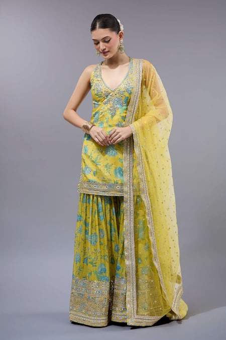 Gopi Vaid Yellow Floral Kurta Sharara Set 