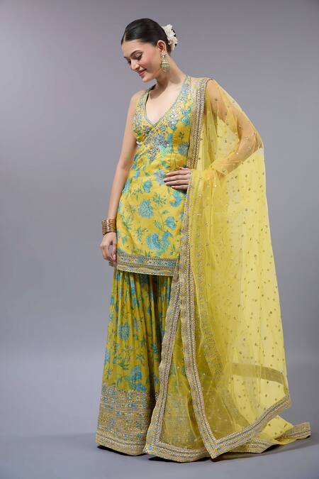 Gopi Vaid_Yellow Cotton, Silk, Net Zari, Sequins V-neck Floral Kurta Sharara Set _Online_at_Aza_Fashions