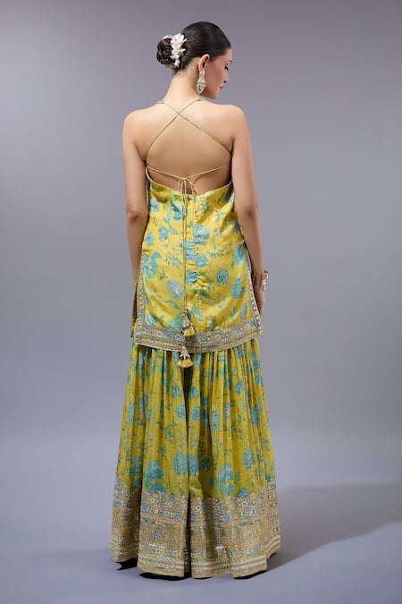 Shop_Gopi Vaid_Yellow Cotton, Silk, Net Zari, Sequins V-neck Floral Kurta Sharara Set _at_Aza_Fashions