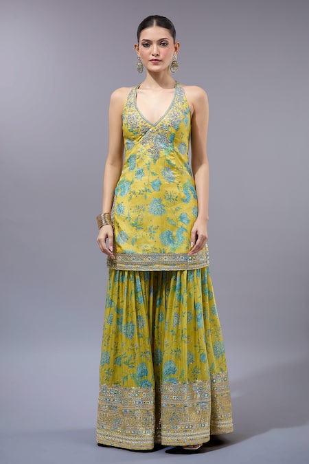Buy_Gopi Vaid_Yellow Cotton, Silk, Net Zari, Sequins V-neck Floral Kurta Sharara Set _Online_at_Aza_Fashions