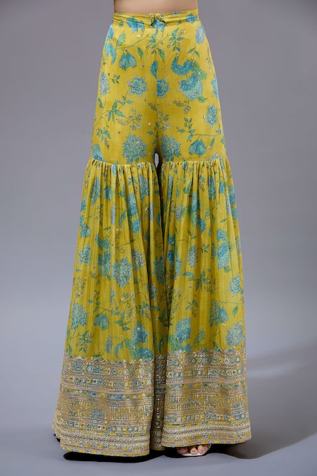 Shop_Gopi Vaid_Yellow Cotton, Silk, Net Zari, Sequins V-neck Floral Kurta Sharara Set _Online_at_Aza_Fashions