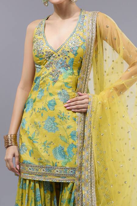 Gopi Vaid_Yellow Cotton, Silk, Net Zari, Sequins V-neck Floral Kurta Sharara Set _at_Aza_Fashions