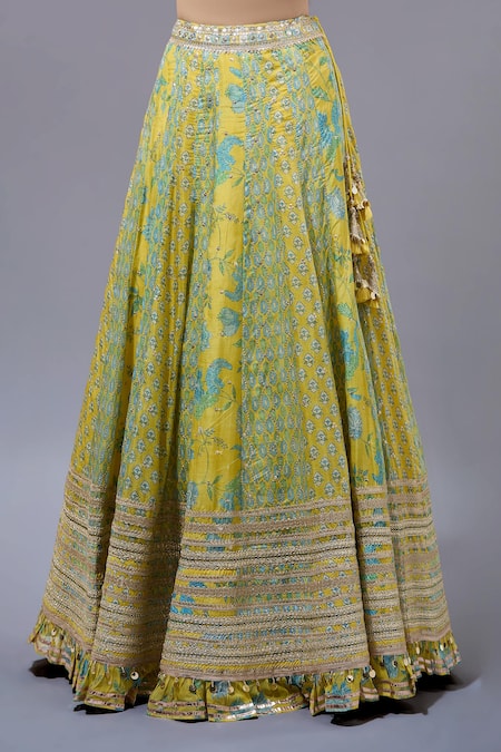 Gopi Vaid Yellow Cotton, Silk, Net Sequins, Zari, Beads V-neck Classic Lehenga Set Online at Aza Fashions Gopi Vaid_Yellow Cotton, Silk, Net Sequins, Zari, Beads V-neck Classic Lehenga Set _Online_at_Aza_Fashions