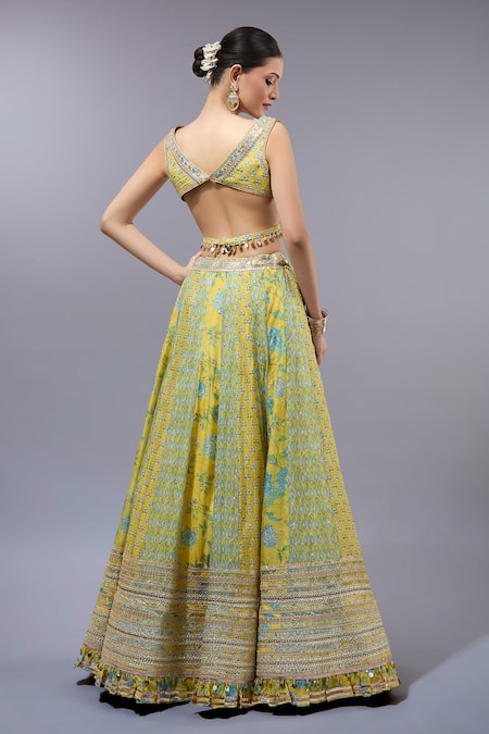 Gopi Vaid Yellow Cotton Silk Classic Lehenga Set 