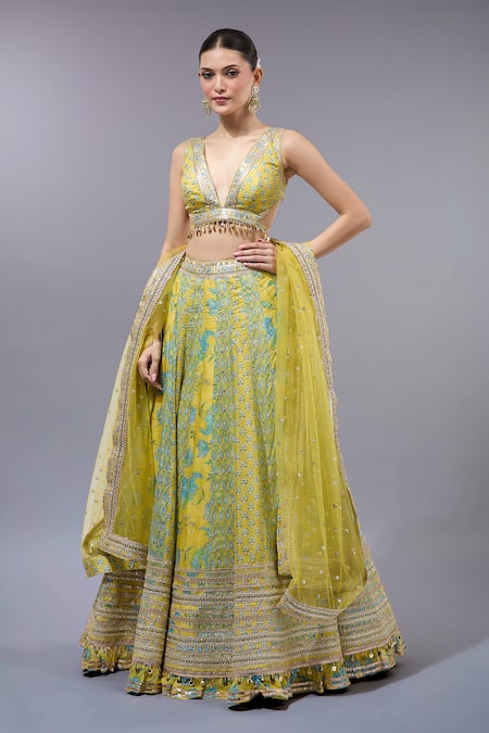 Gopi Vaid Yellow Cotton Silk Classic Lehenga Set 