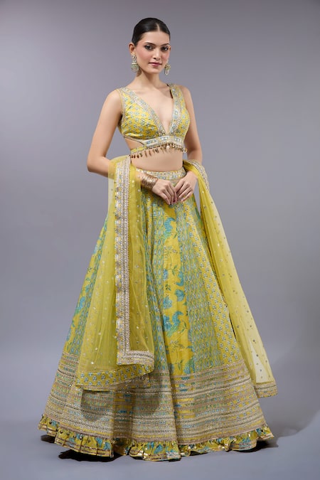 Buy Gopi Vaid Yellow Cotton, Silk, Net Sequins, Zari, Beads V-neck Classic Lehenga Set Online at Aza Fashions Buy_Gopi Vaid_Yellow Cotton, Silk, Net Sequins, Zari, Beads V-neck Classic Lehenga Set _Online_at_Aza_Fashions