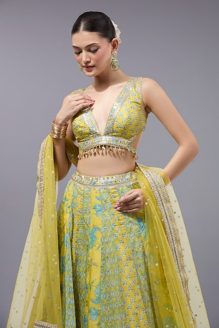 Shop Gopi Vaid Yellow Cotton, Silk, Net Sequins, Zari, Beads V-neck Classic Lehenga Set Online at Aza Fashions Shop_Gopi Vaid_Yellow Cotton, Silk, Net Sequins, Zari, Beads V-neck Classic Lehenga Set _Online_at_Aza_Fashions