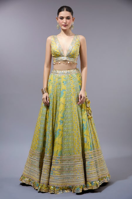 Gopi Vaid Yellow Cotton, Silk, Net Sequins, Zari, Beads V-neck Classic Lehenga Set at Aza Fashions Gopi Vaid_Yellow Cotton, Silk, Net Sequins, Zari, Beads V-neck Classic Lehenga Set _at_Aza_Fashions