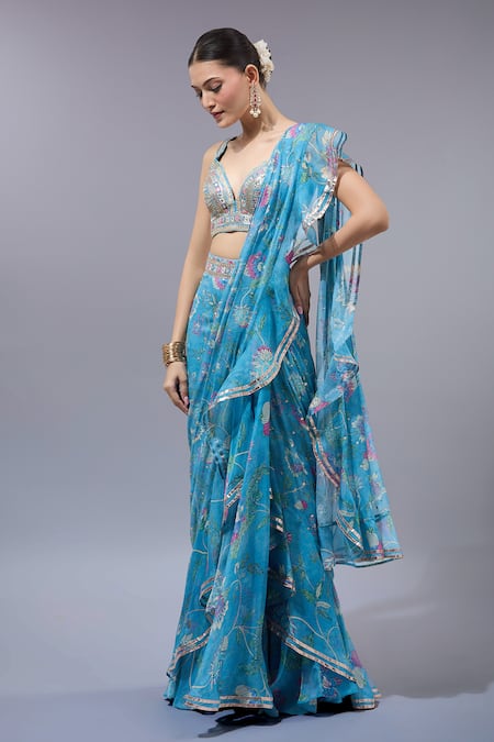 Gopi Vaid Designer Blue Ruffle Pre-Draped Saree Set 