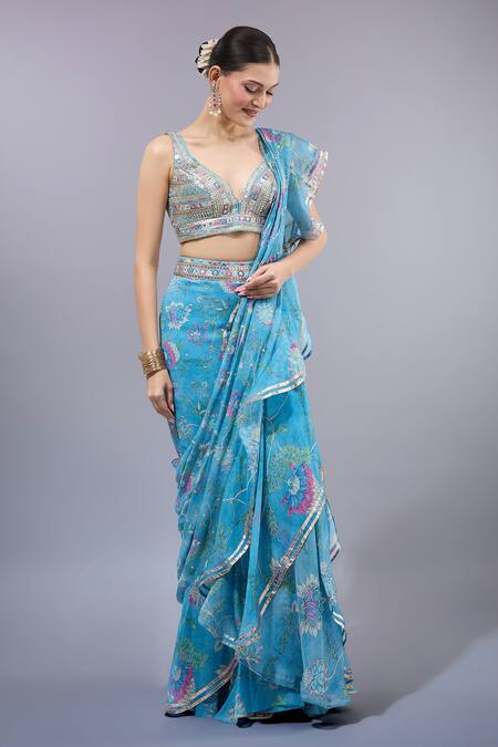 Gopi Vaid_Blue Georgette, Organza, Cotton, Silk Designer Ruffle Pre-draped Saree Set _Online_at_Aza_Fashions