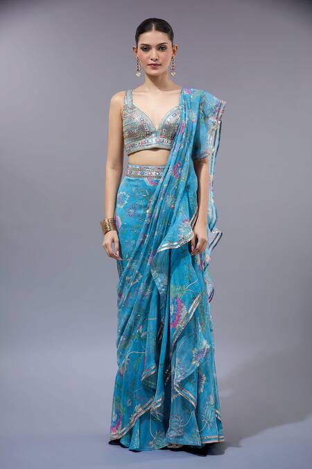 Buy_Gopi Vaid_Blue Georgette, Organza, Cotton, Silk Designer Ruffle Pre-draped Saree Set _Online_at_Aza_Fashions
