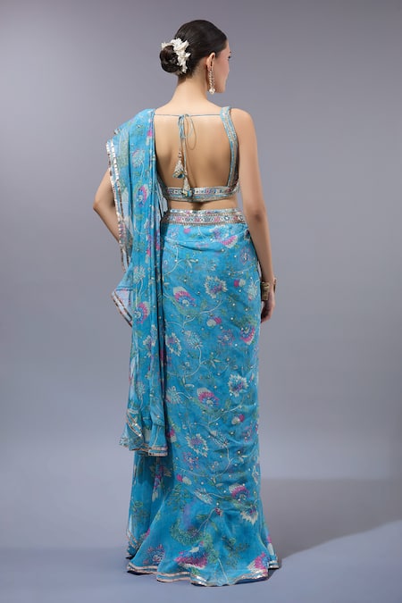 Gopi Vaid Designer Blue Ruffle Pre-Draped Saree Set 