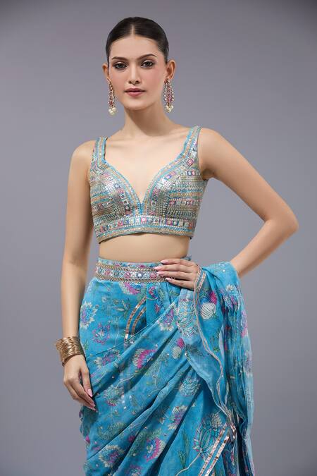 Shop_Gopi Vaid_Blue Georgette, Organza, Cotton, Silk Designer Ruffle Pre-draped Saree Set _Online_at_Aza_Fashions