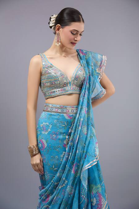 Gopi Vaid_Blue Georgette, Organza, Cotton, Silk Designer Ruffle Pre-draped Saree Set _at_Aza_Fashions