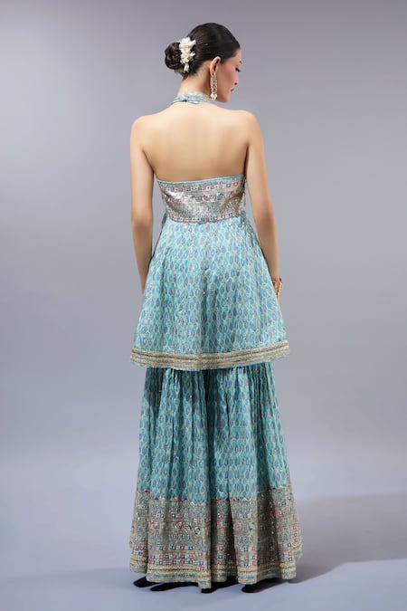 Shop Gopi Vaid Blue Cotton, Silk, Net Sequins, Embroidery Halter Neck Kurta Sharara Set at Aza Fashions Shop_Gopi Vaid_Blue Cotton, Silk, Net Sequins, Embroidery Halter Neck Kurta Sharara Set _at_Aza_Fashions