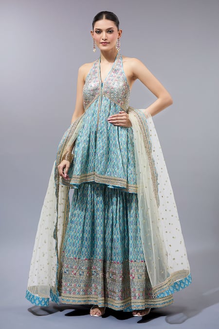 Gopi Vaid Blue Embroidered Kurta Sharara Set 