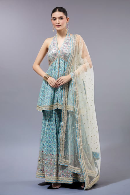 Gopi Vaid Blue Cotton, Silk, Net Sequins, Embroidery Halter Neck Kurta Sharara Set Online at Aza Fashions Gopi Vaid_Blue Cotton, Silk, Net Sequins, Embroidery Halter Neck Kurta Sharara Set _Online_at_Aza_Fashions