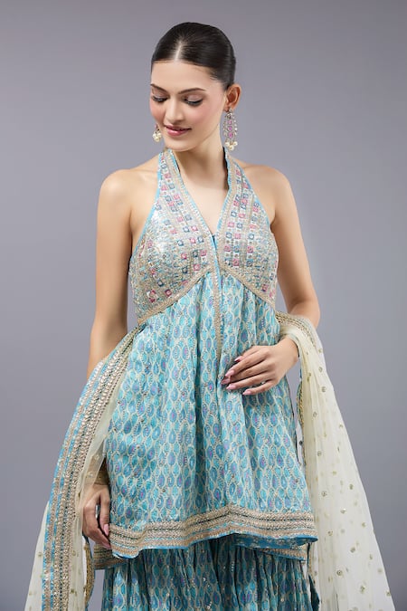 Buy Gopi Vaid Blue Cotton, Silk, Net Sequins, Embroidery Halter Neck Kurta Sharara Set Online at Aza Fashions Buy_Gopi Vaid_Blue Cotton, Silk, Net Sequins, Embroidery Halter Neck Kurta Sharara Set _Online_at_Aza_Fashions