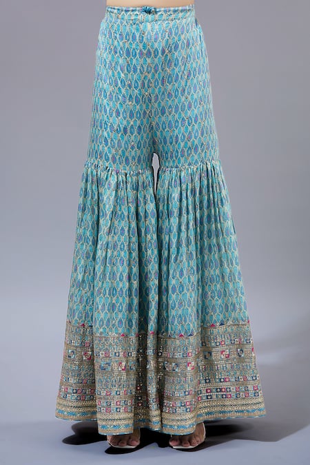 Shop Gopi Vaid Blue Cotton, Silk, Net Sequins, Embroidery Halter Neck Kurta Sharara Set Online at Aza Fashions Shop_Gopi Vaid_Blue Cotton, Silk, Net Sequins, Embroidery Halter Neck Kurta Sharara Set _Online_at_Aza_Fashions