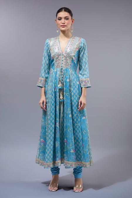 Gopi Vaid_Blue Cotton, Silk, Lycra, Net Tassels V-neck Designer Anarkali Set With Dupatta _Online_at_Aza_Fashions