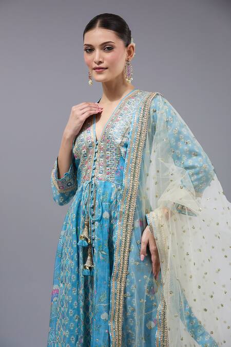 Buy_Gopi Vaid_Blue Cotton, Silk, Lycra, Net Tassels V-neck Designer Anarkali Set With Dupatta _Online_at_Aza_Fashions