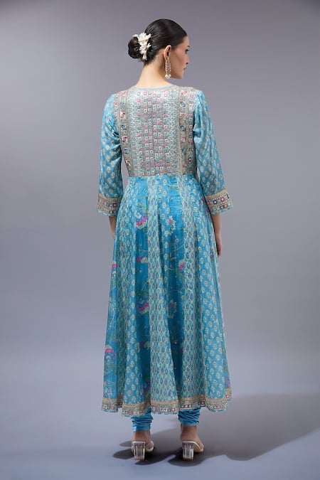 Shop_Gopi Vaid_Blue Cotton, Silk, Lycra, Net Tassels V-neck Designer Anarkali Set With Dupatta _at_Aza_Fashions