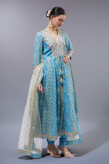Shop_Gopi Vaid_Blue Cotton, Silk, Lycra, Net Tassels V-neck Designer Anarkali Set With Dupatta _Online_at_Aza_Fashions