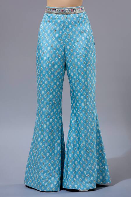 Gopi Vaid_Blue Cotton, Silk Beads Halter Neck Printed Cape Pant Set _Online_at_Aza_Fashions