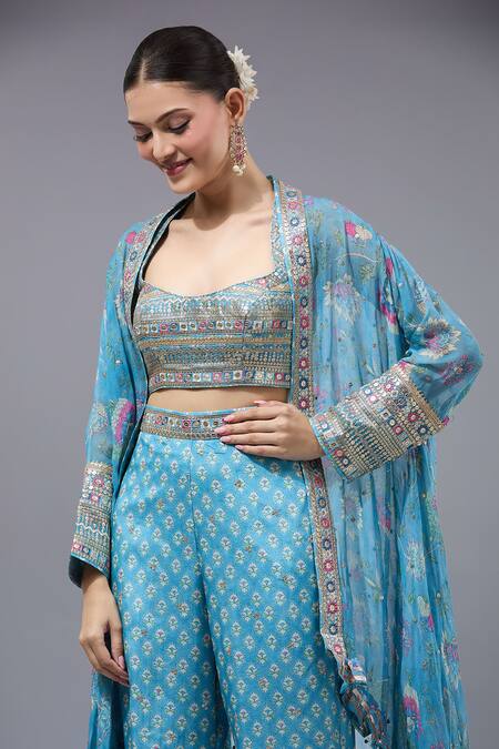 Buy_Gopi Vaid_Blue Cotton, Silk Beads Halter Neck Printed Cape Pant Set _Online_at_Aza_Fashions