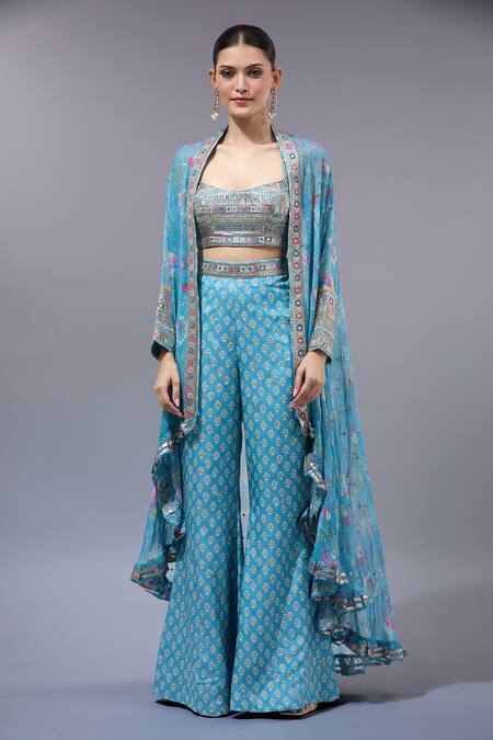 Shop_Gopi Vaid_Blue Cotton, Silk Beads Halter Neck Printed Cape Pant Set _Online_at_Aza_Fashions