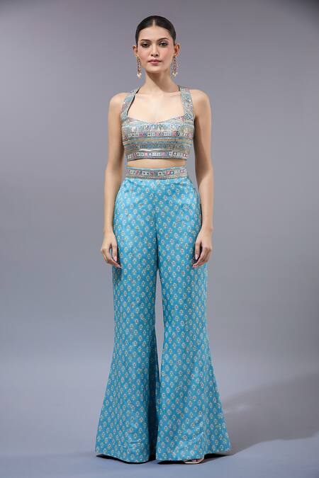 Gopi Vaid_Blue Cotton, Silk Beads Halter Neck Printed Cape Pant Set _at_Aza_Fashions