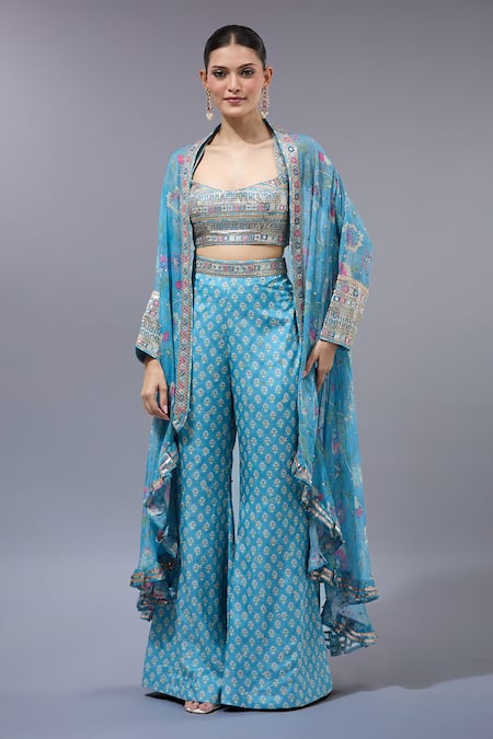 Gopi Vaid Blue Printed Cape Pant Set 
