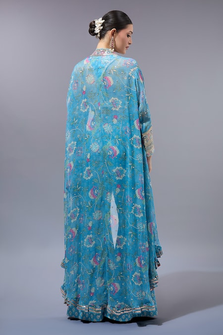 Gopi Vaid Blue Printed Cape Pant Set 