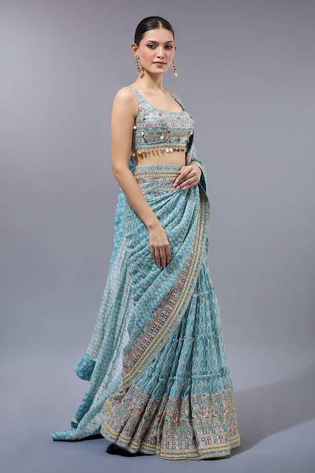 Gopi Vaid_Blue Georgette, Cotton, Silk, Lycra Sequins, Designer Pre-draped Saree Set _Online_at_Aza_Fashions