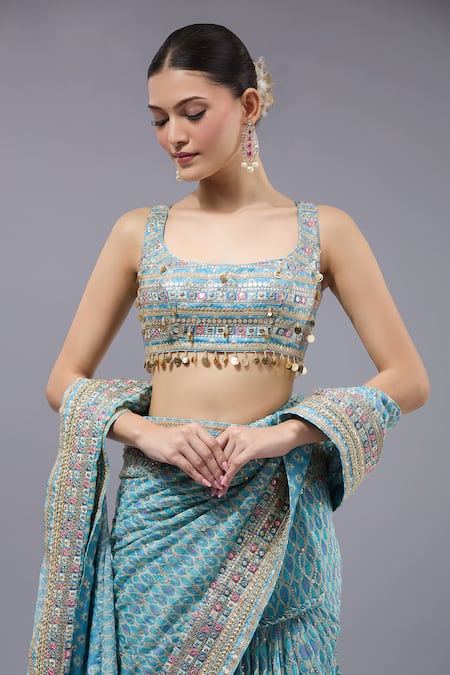 Buy_Gopi Vaid_Blue Georgette, Cotton, Silk, Lycra Sequins, Designer Pre-draped Saree Set _Online_at_Aza_Fashions