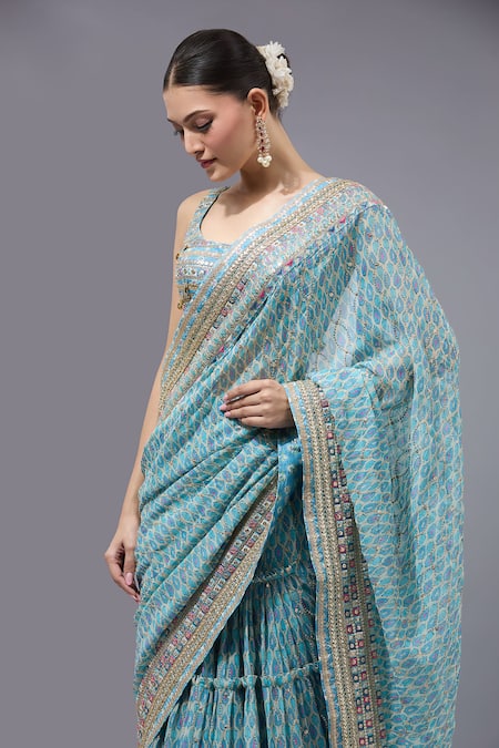 Shop_Gopi Vaid_Blue Georgette, Cotton, Silk, Lycra Sequins, Designer Pre-draped Saree Set _Online_at_Aza_Fashions
