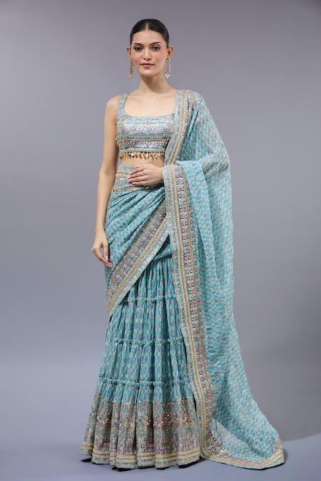 Gopi Vaid_Blue Georgette, Cotton, Silk, Lycra Sequins, Designer Pre-draped Saree Set _at_Aza_Fashions