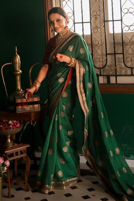 Nimbu Mirchi Emerald Green Zari Embroidered Saree & Unstitched Blouse Piece 