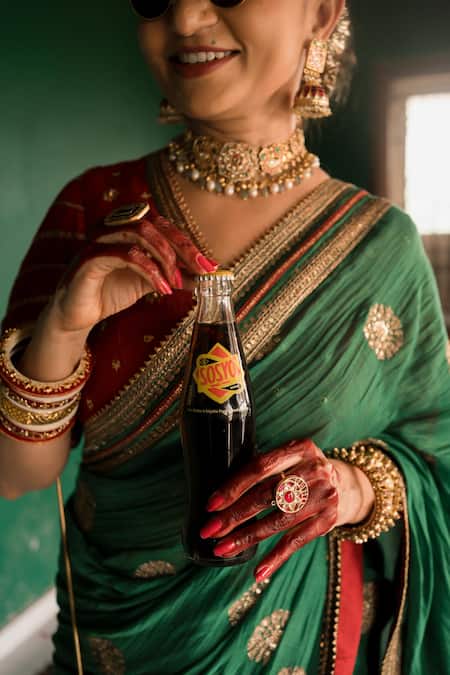 Nimbu Mirchi_Emerald Green Zari, Sequins Embroidered Saree And Unstitched Blouse Piece _Online_at_Aza_Fashions