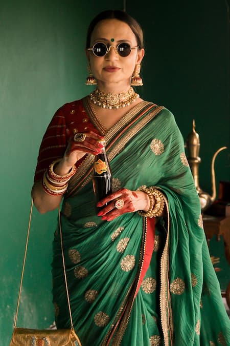 Buy_Nimbu Mirchi_Emerald Green Zari, Sequins Embroidered Saree And Unstitched Blouse Piece _Online_at_Aza_Fashions