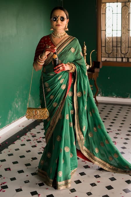 Nimbu Mirchi Emerald Green Zari Embroidered Saree & Unstitched Blouse Piece 
