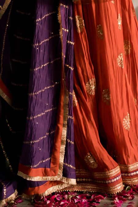 Nimbu Mirchi_Rust Chanderi Zari, Sequins V-neck Embroidered Sharara Set _Online_at_Aza_Fashions