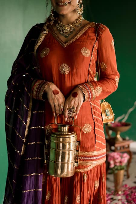 Buy_Nimbu Mirchi_Rust Chanderi Zari, Sequins V-neck Embroidered Sharara Set _Online_at_Aza_Fashions