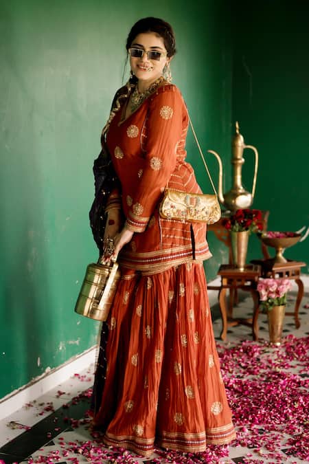 Nimbu Mirchi Rust Zari Embroidered Sharara Set 