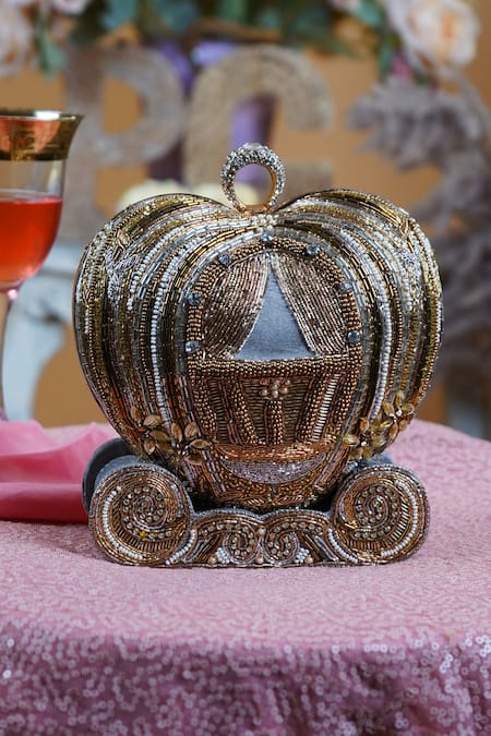 Puneet Gupta Gold Beaded Carriage Minaudiere Handbag 
