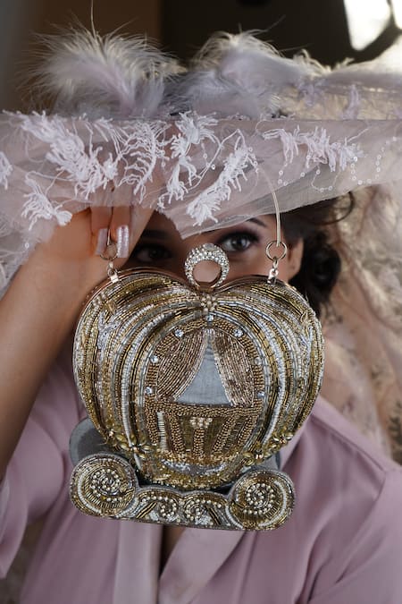 Buy_Puneet Gupta_Gold Beads Carriage Minaudiere Handbag _Online_at_Aza_Fashions