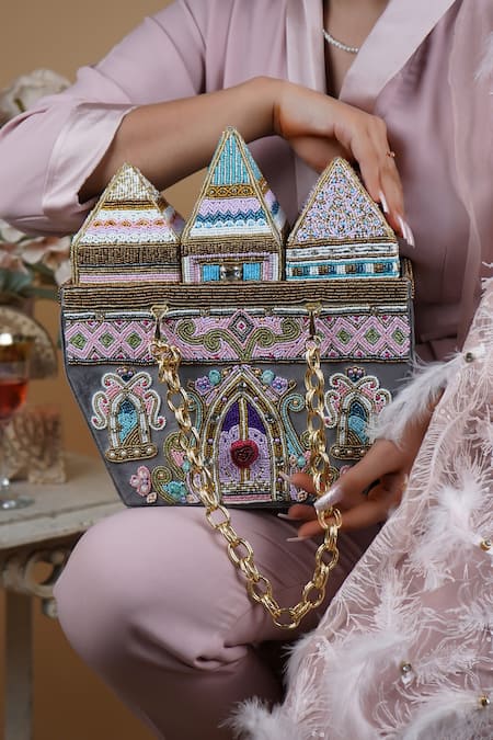 Puneet Gupta_Gray Beads, Embroidery Castle Minaudiere Handbag _Online_at_Aza_Fashions