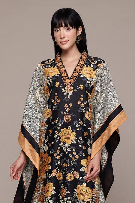 Ritu Kumar Black Cotton, Silk V-neck Mono Floral Kaftan With Pant Co-ord Set Online at Aza Fashions Ritu Kumar_Black Cotton, Silk V-neck Mono Floral Kaftan With Pant Co-ord Set _Online_at_Aza_Fashions